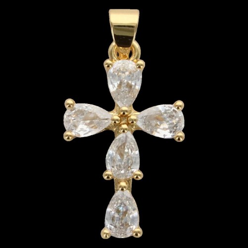 Croix de cou dorée supérieur avec zircons, H. 2.1 cm.