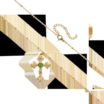 Collier avec chaîne et croix avec rose aux extrémités et cœur au centre, H 2.6 cm en acier inoxydable couleur dorée, ajustable.