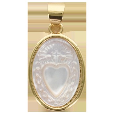 M-eacute-daille ovale de L--039-Ex-Voto- couleur dor-eacute-e sup-eacute-rieur et coquille naturelle- H- 1-7 cm-