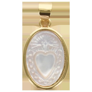 Médaille ovale de L'Ex-Voto, couleur dorée supérieur et coquille naturelle, H. 1.7 cm.