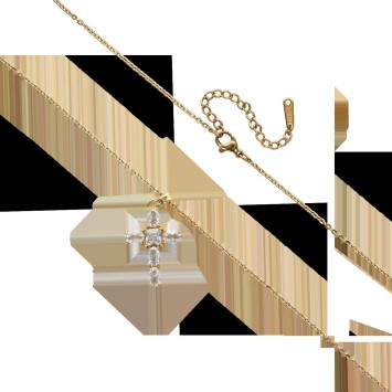 Collier avec chaîne en laiton de couleur dorée, L. 40 cm et croix avec zircons, H. 2.5 cm.