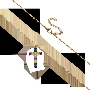 Collier avec chaîne et croix avec des zircons de différentes couleurs H. 2.6 cm, en acier inoxydable, L 45 cm ajustable.