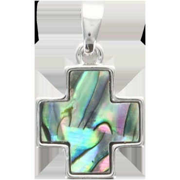 Croix de cou carr-eacute-e en laiton de couleur argent-eacute-e et coquille d--039-ormeau- H- 1-3 cm-