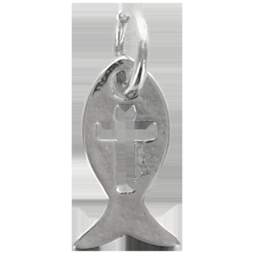 Pendentif Ichtus avec croix ajourée en laiton de couleur argenté, H. 1 cm.