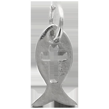 Pendentif Ichtus avec croix ajourée en laiton de couleur argenté, H. 1 cm.