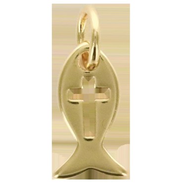 Pendentif Ichtus avec croix ajour-eacute-e en laiton de couleur dor-eacute-e- H- 1 cm-