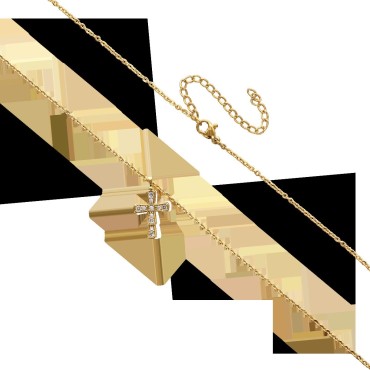 Collier avec cha-icirc-ne et croix avec des zircons en acier inoxydable de couleur dor-eacute-e- L- 45 cm ajustable-
