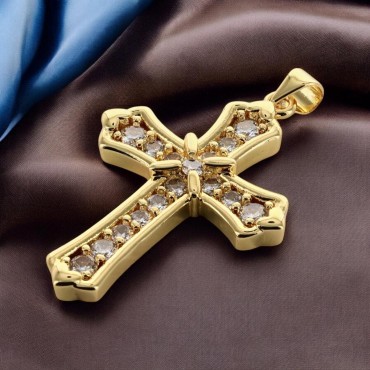 Croix de cou dorée supérieur avec zircons, H. 3.7 cm.