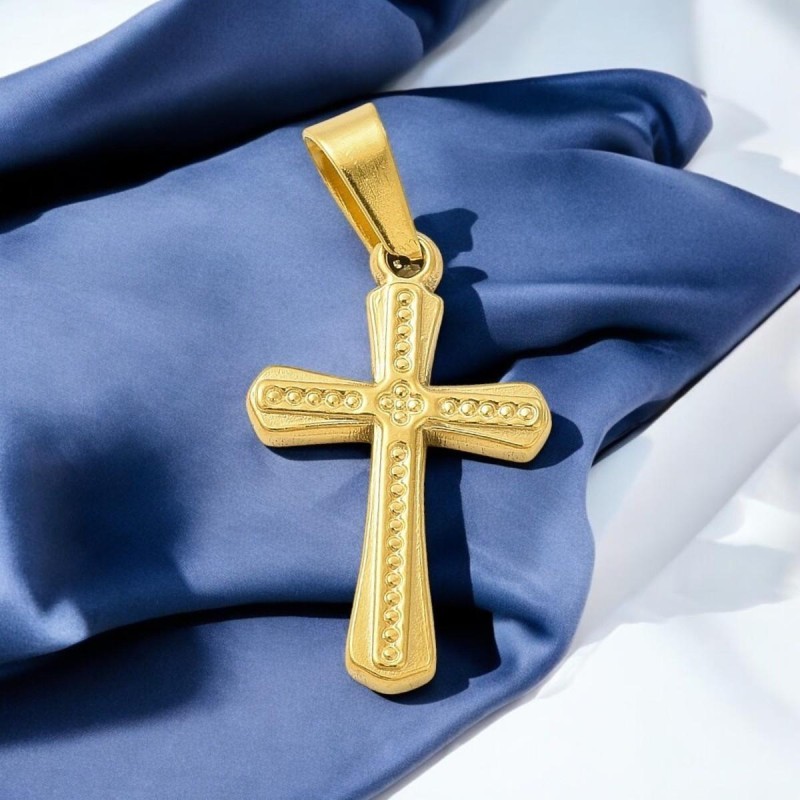 Croix de cou en acier inoxydable de couleur dorée en relief, H 1.90 cm.