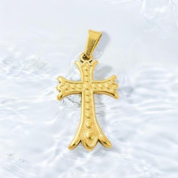 Croix de cou en acier inoxydable de couleur dorée en relief, H 1.90 cm.