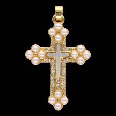 Croix de cou dorée supérieur avec imitation perle, H. 3.4 cm.