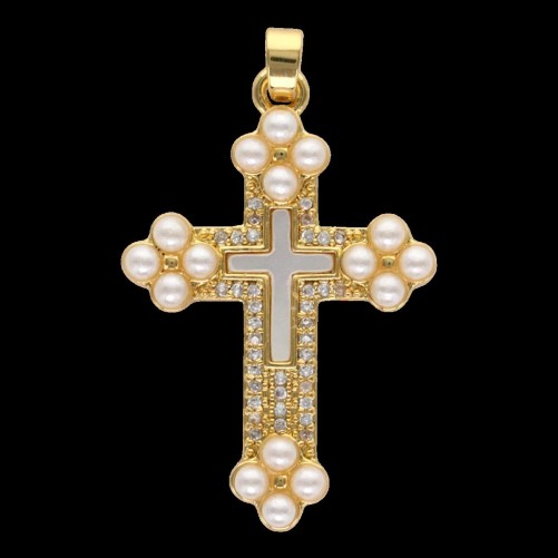 Croix de cou dorée supérieur avec imitation perle, H. 3.4 cm.