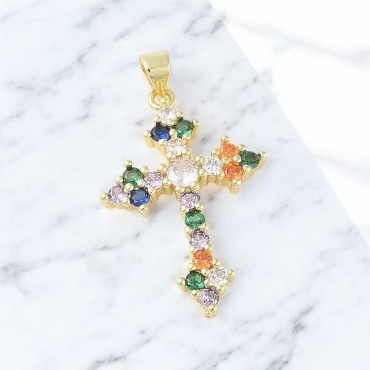 Croix de cou dor-eacute-e sup-eacute-rieur avec zircons de couleur- H- 3-2 cm-