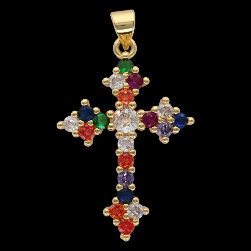 Croix de cou dor-eacute-e sup-eacute-rieur avec zircons de couleur- H- 3-2 cm-