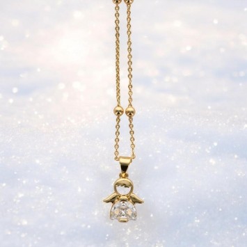 Collier avec chaîne et pendentif ange avec zircon, H. 1.4 cm. Laiton dorée supérieur, L. 44 cm ajustable.