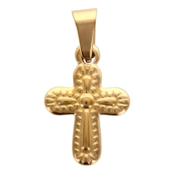 Croix de cou en acier inoxydable de couleur dorée en relief, H 1.8 cm.