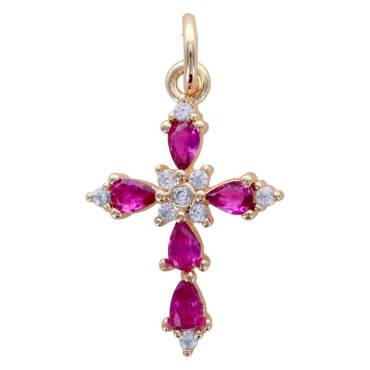 Croix de cou en laiton de couleur dorée avec zircons de couleur rouge et blanc, H 1.6 cm.