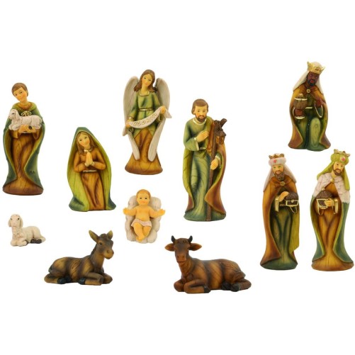Crèche en résine 11 personnages, H.9 cm. Livrée en boite présentoir.