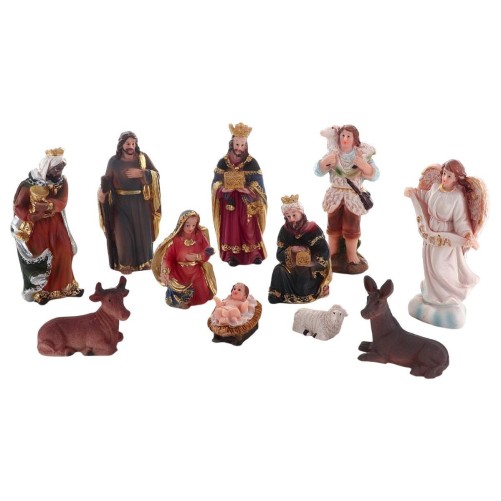 Crèche en résine de 11 personnages, H. 8.5 cm. Livrée en boite présentoir.