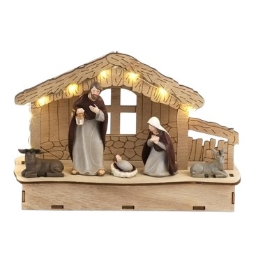 Nativité en résine avec cabane en bois lumineuse, H. 13 x 20 cm. (piles non incluses 2 X AAA)