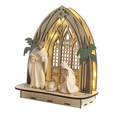 Nativité en résine, décor cabane en bois lumineuse, H 24 cm. (piles non incluses 2 X AAA)