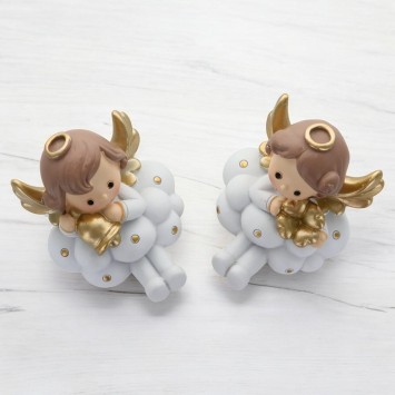 Ange en résine de couleur blanche et dorée, forme nuage H. 6.7 cm. Série de 2 assorties.
