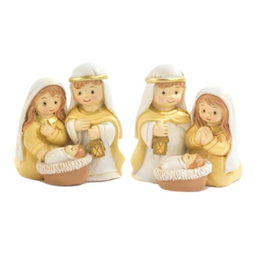 Nativités en résine couleur et Saint Joseph avec une lanterne, H. 6.2 cm. Série de 2 assorties.