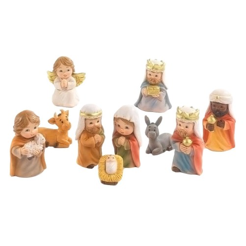 Crèche enfantine en résine de 10 personnages, H. 4.9 cm.