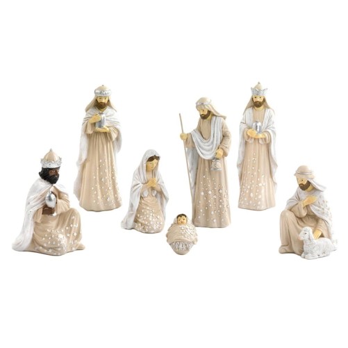 Cr-egrave-che de 7 personnages- couleur beige et blanche avec -eacute-toile- H- 16-8 cm-