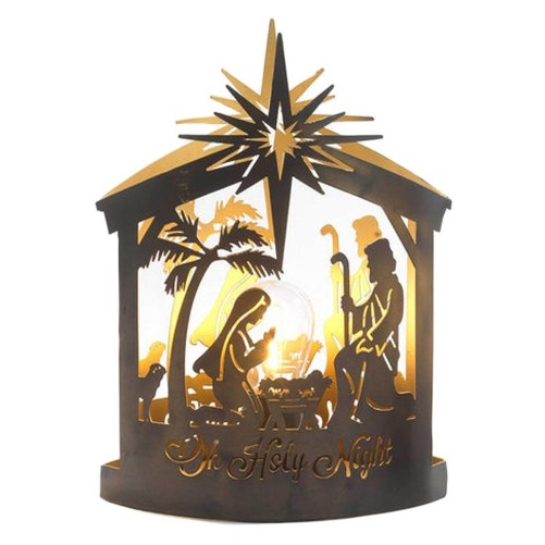 Nativité lumineuse en métal en forme de cabane à poser, H. 25.2 cm.