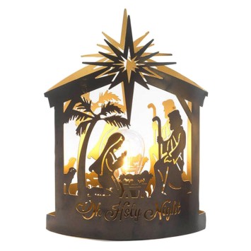 Nativité lumineuse en métal en forme de cabane à poser, H. 25.2 cm.