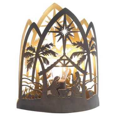 Nativité lumineuse en métal en forme de lanterne à poser H. 22.6 cm.