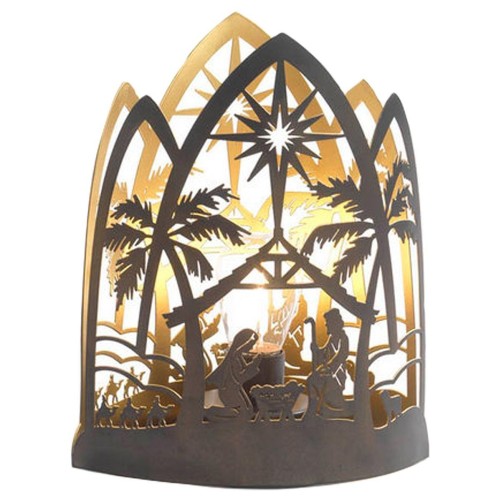 Nativité lumineuse en métal en forme de lanterne à poser, H. 22.6 cm.