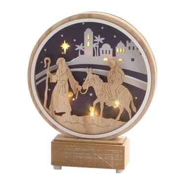 Scène lumineuse en bois à poser avec Joseph et Marie en route pour Bethléem, H 20 cm.