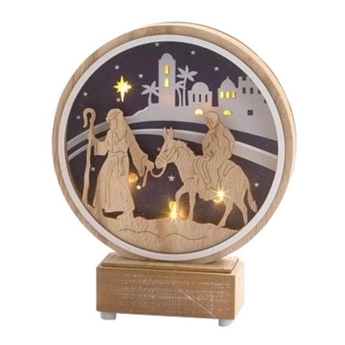 Scène lumineuse en bois à poser avec Joseph et Marie en route pour Bethléem, H 20 cm.