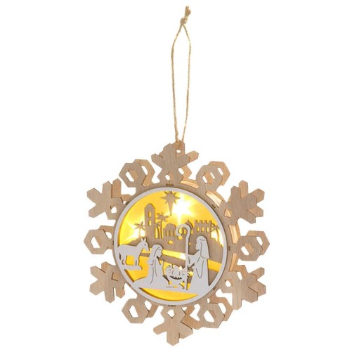 Nativité lumineuse en bois en forme de flocon neige à suspendre, H. 19.3 cm.