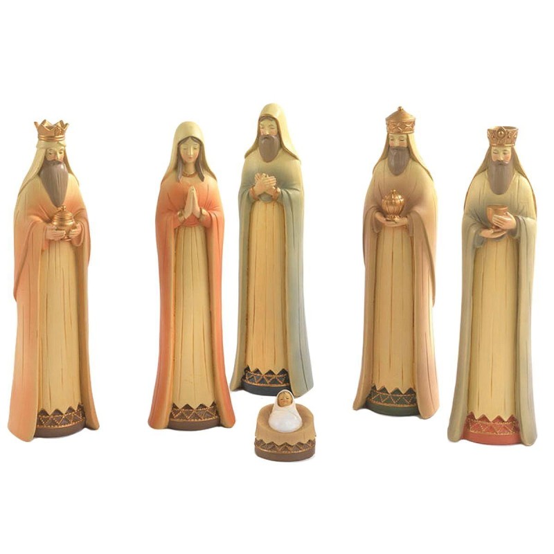 Crèche en résine de couleur avec 6 personnages, H. 24 cm.