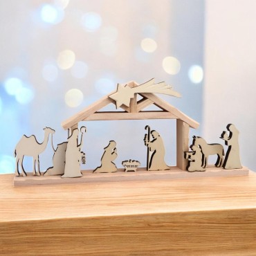 Crèche en bois de 9 personnages avec cabane et étoile. H. 12 cm L. 28.5 cm l. 3.5 cm