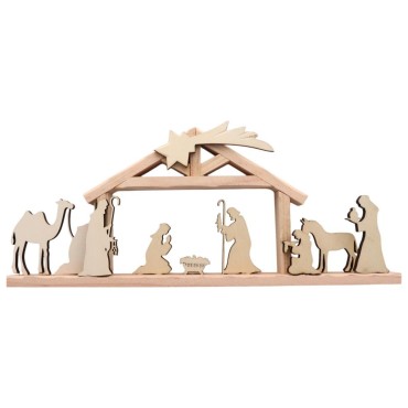 Crèche en bois de 9 personnages avec cabane et étoile. H. 12 cm L. 28.5 cm l. 3.5 cm