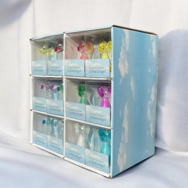 Bo-icirc-te pr-eacute-sentoir de 36 anges en verre- 6 s-eacute-ries de 6 assorties- H- 8 cm