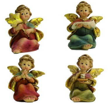 Assortiment d'anges assis en résine de différentes couleurs, H. 5 cm. LOT DE 4 ANGES