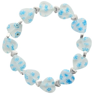 Bracelet sur élastique grains forme cœur style Murano H. 1.2 cm. LOT DE 5 BRACELETS ASSORTIS.