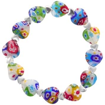 Bracelet sur élastique grains forme cœur style Murano H. 1.2 cm. LOT DE 5 BRACELETS ASSORTIS.