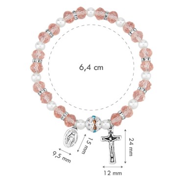 Bracelet sur -eacute-lastique grains en verre -Oslash- 8 mm avec m-eacute-daille et croix- LOT DE 6 BRACELETS ASSORTIS-