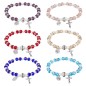 Bracelet sur -eacute-lastique grains en verre -Oslash- 8 mm avec m-eacute-daille et croix- LOT DE 6 BRACELETS ASSORTIS-
