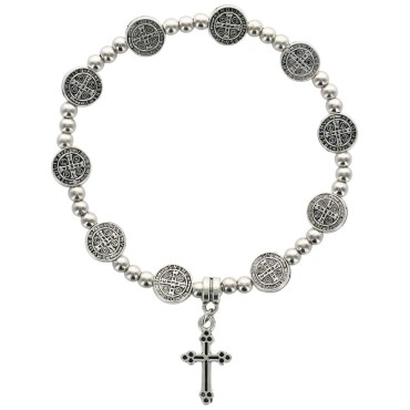 Bracelet sur -eacute-lastique en m-eacute-tal de couleur argent-eacute- de Saint Benoit avec croix -Oslash- 9 mm