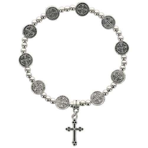 Bracelet sur -eacute-lastique en m-eacute-tal de couleur argent-eacute- de Saint Benoit avec croix -Oslash- 9 mm