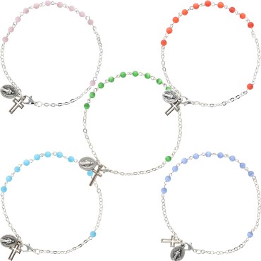 Bracelet sur chaine argentée grains rond en verre Ø 4 mm avec médaille de la Vierge Miraculeuse. Différentes couleurs