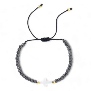 Bracelet sur corde noire r-eacute-glable- grains en h-eacute-matite synth-eacute-tique et croix blanche-