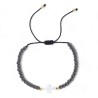 Bracelet sur corde noire r-eacute-glable- grains en h-eacute-matite synth-eacute-tique et croix blanche-